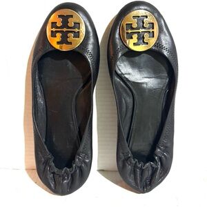 Tory Burch Black Flats with Gold Emblem